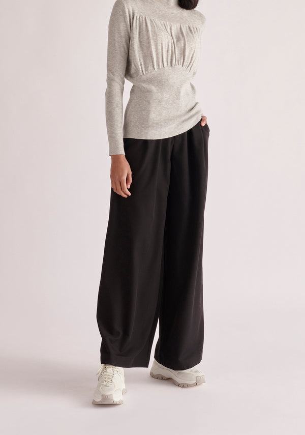 Paisie Belted Pleated Wide Leg Trousers in Black