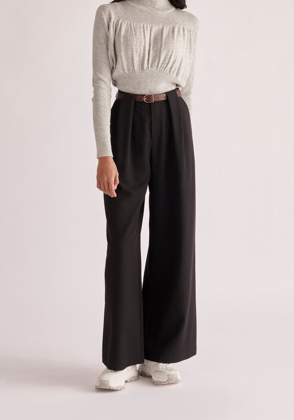 Paisie Belted Pleated Wide Leg Trousers in Black