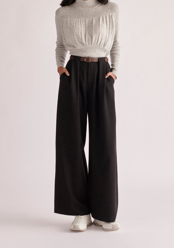 Paisie Belted Pleated Wide Leg Trousers in Black