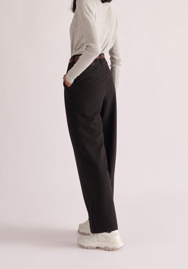 Paisie Belted Pleated Wide Leg Trousers in Black Back