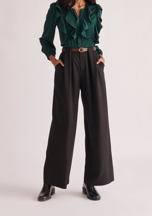 Paisie Belted Pleated Wide Leg Trousers in Black