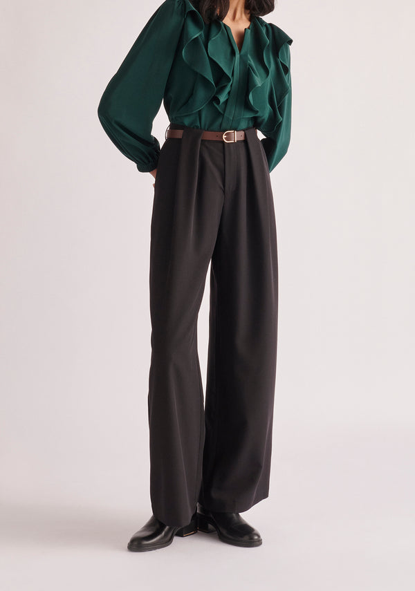 Paisie Belted Pleated Wide Leg Trousers in Black