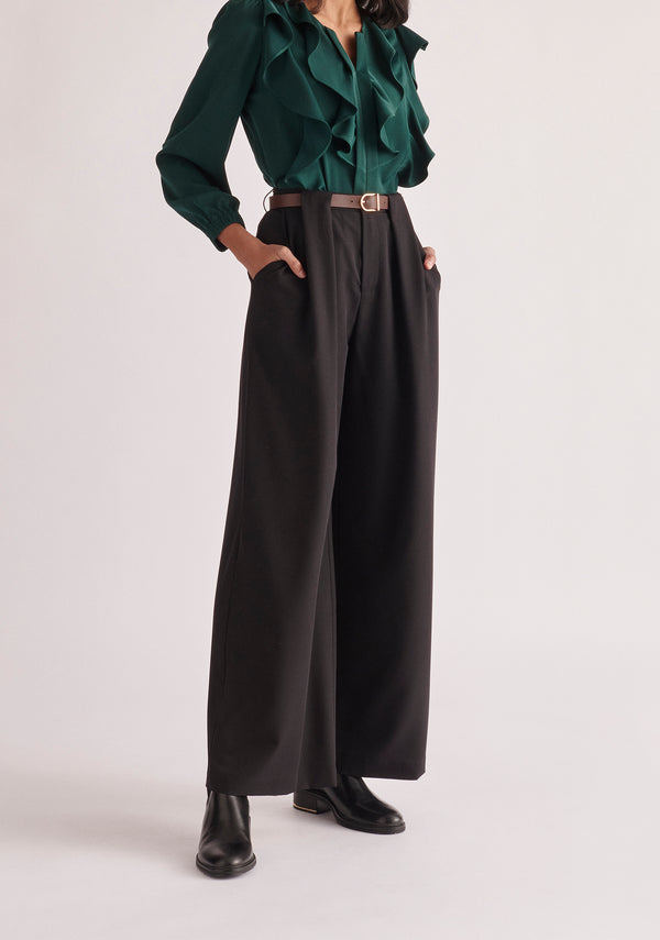 Paisie Belted Pleated Wide Leg Trousers in Black