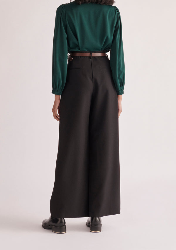 Paisie Belted Pleated Wide Leg Trousers in Black Back