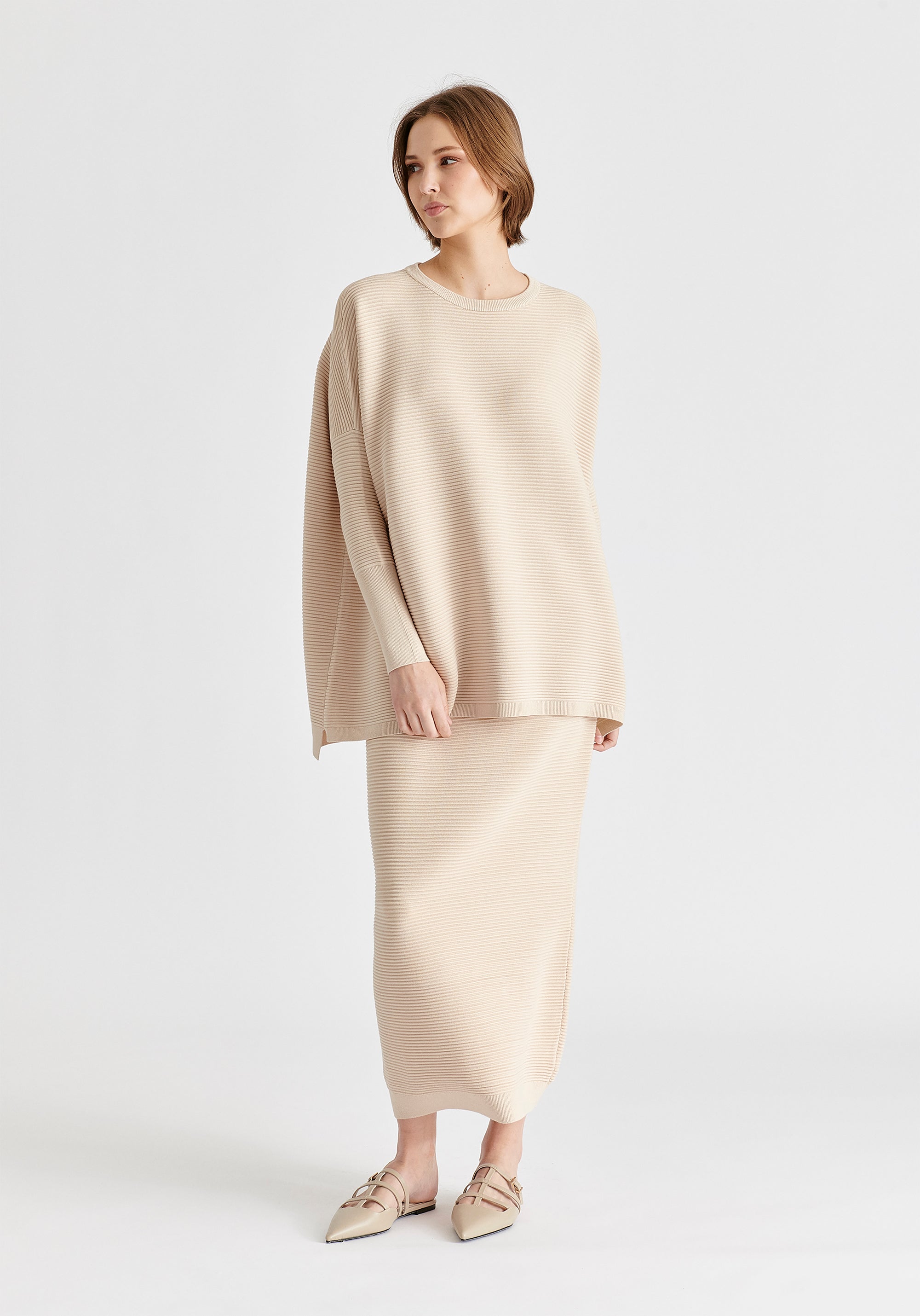 Paisie Ribbed Jumper in Beige Front