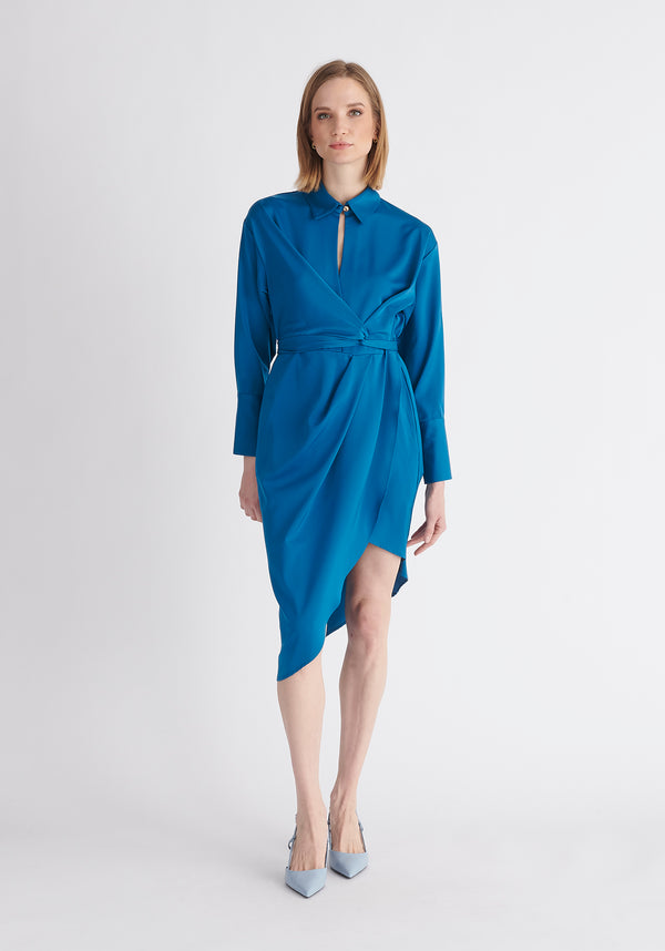 Paisie Asymmetric Hem Shirt Dress in Blue