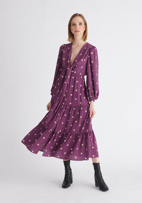 Paisie Tiered Hem Polka Dot Dress in Purple and Cream