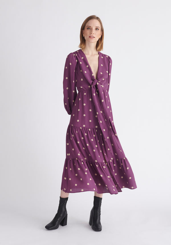 Paisie Tiered Hem Polka Dot Dress in Purple and Cream