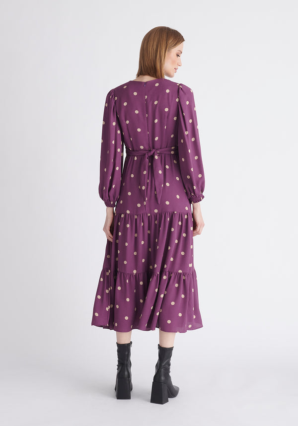 Paisie Tiered Hem Polka Dot Dress in Purple and Cream Back