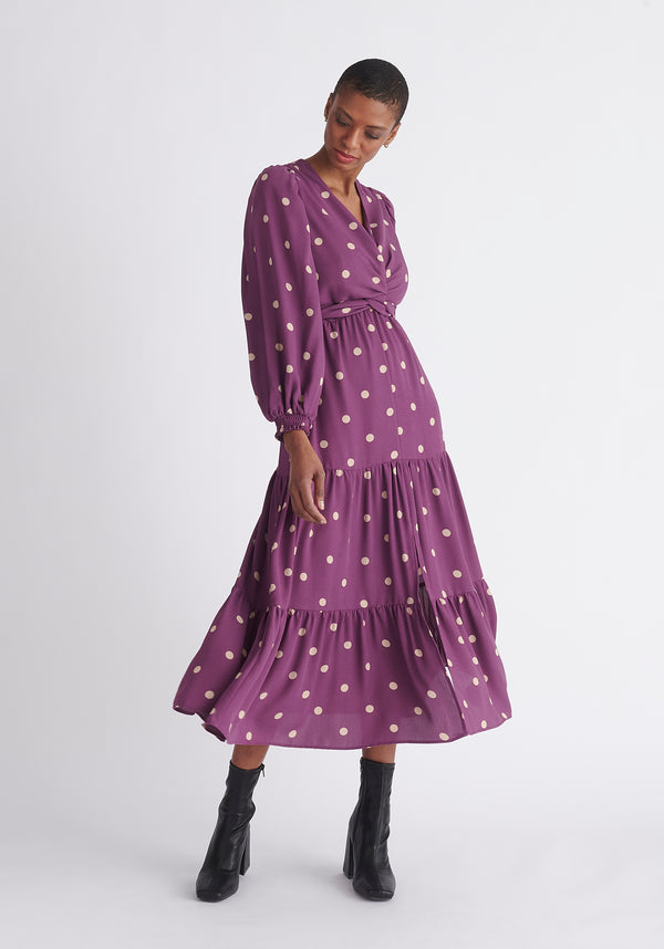 Paisie Tiered Hem Polka Dot Dress in Purple and Cream