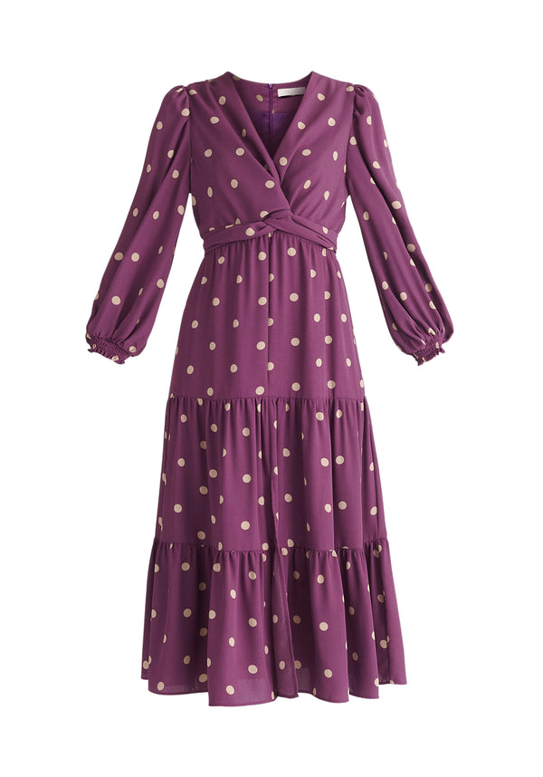 Paisie Tiered Hem Polka Dot Dress in Purple and Cream Cut Out