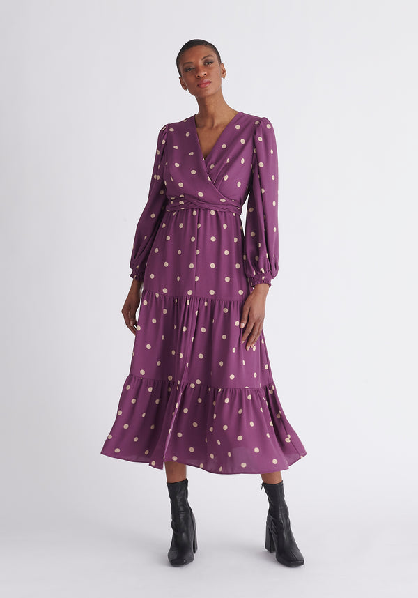 Paisie Tiered Hem Polka Dot Dress in Purple and Cream