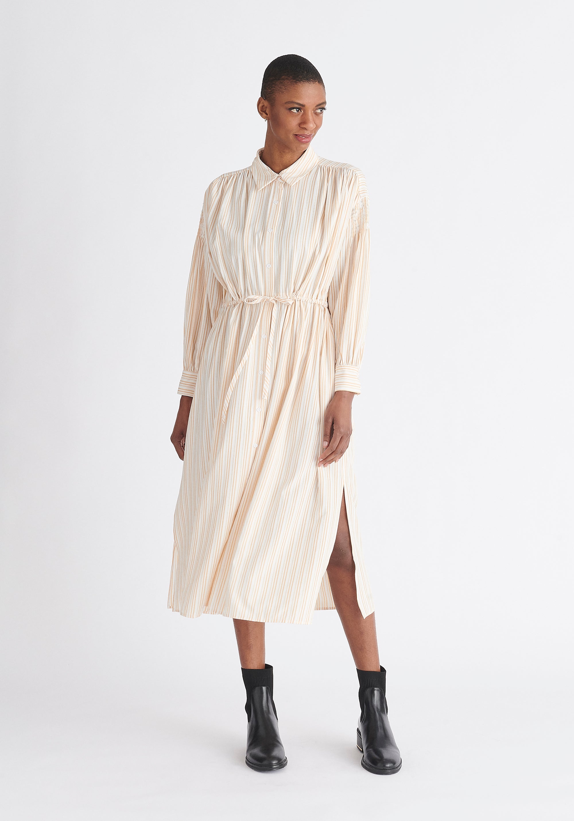 Paisie Striped Button Shirt Dress in Sand