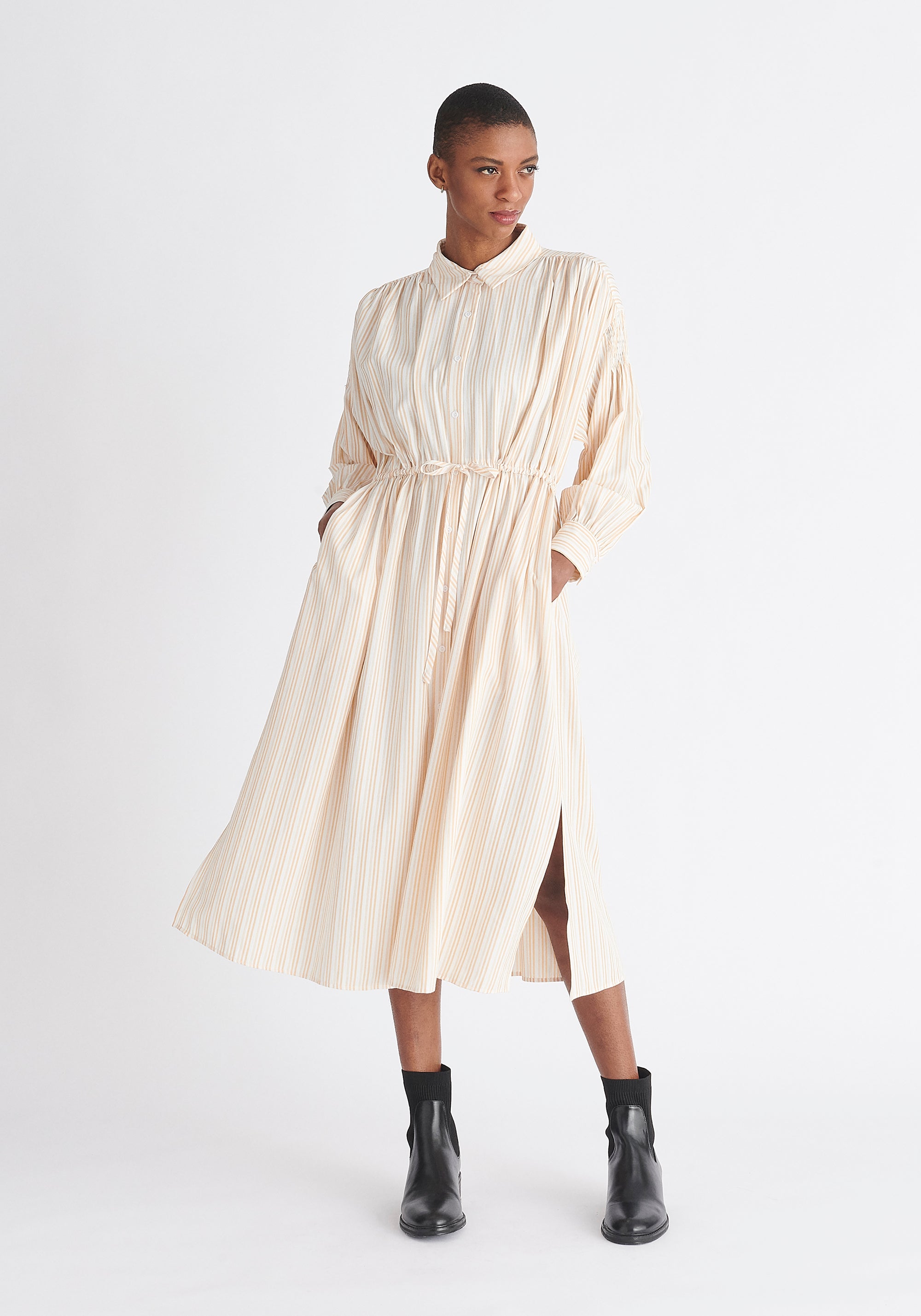 Paisie Striped Button Shirt Dress in Sand