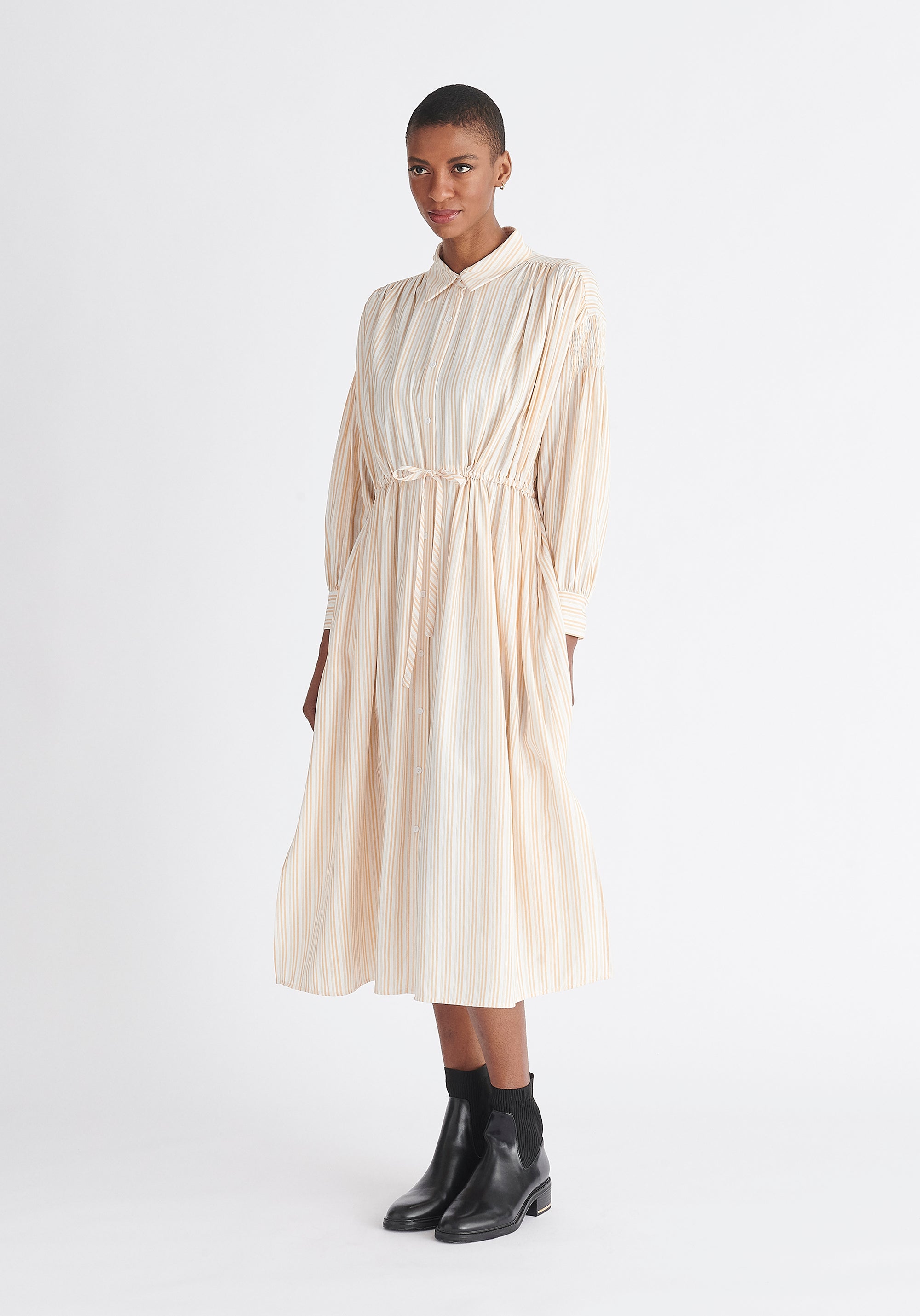 Paisie Striped Button Shirt Dress in Sand