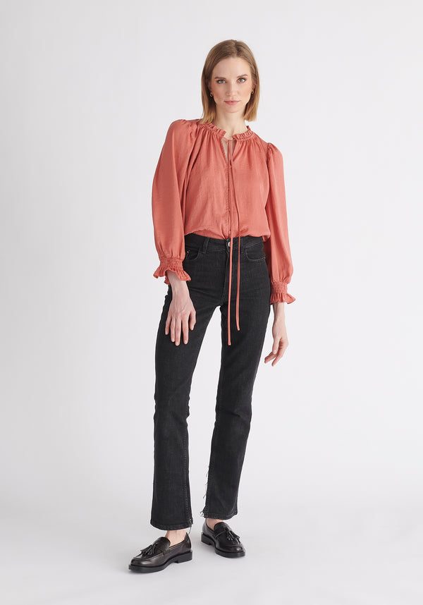 Paisie Ruched Collar Blouse in Coral Pink