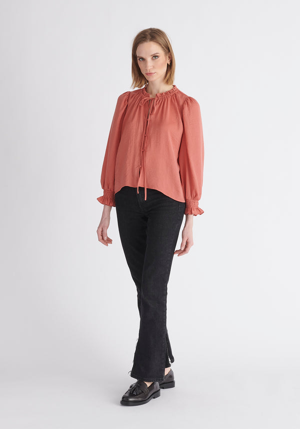 Paisie Ruched Collar Blouse in Coral Pink