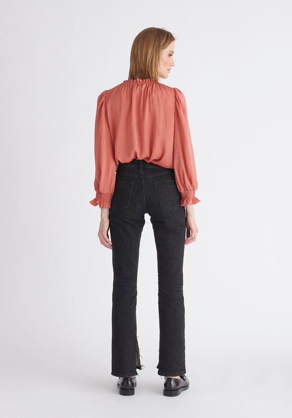 Paisie Ruched Collar Blouse in Coral Pink Back