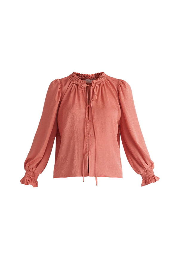 Paisie Ruched Collar Blouse in Coral Pink Cut Out