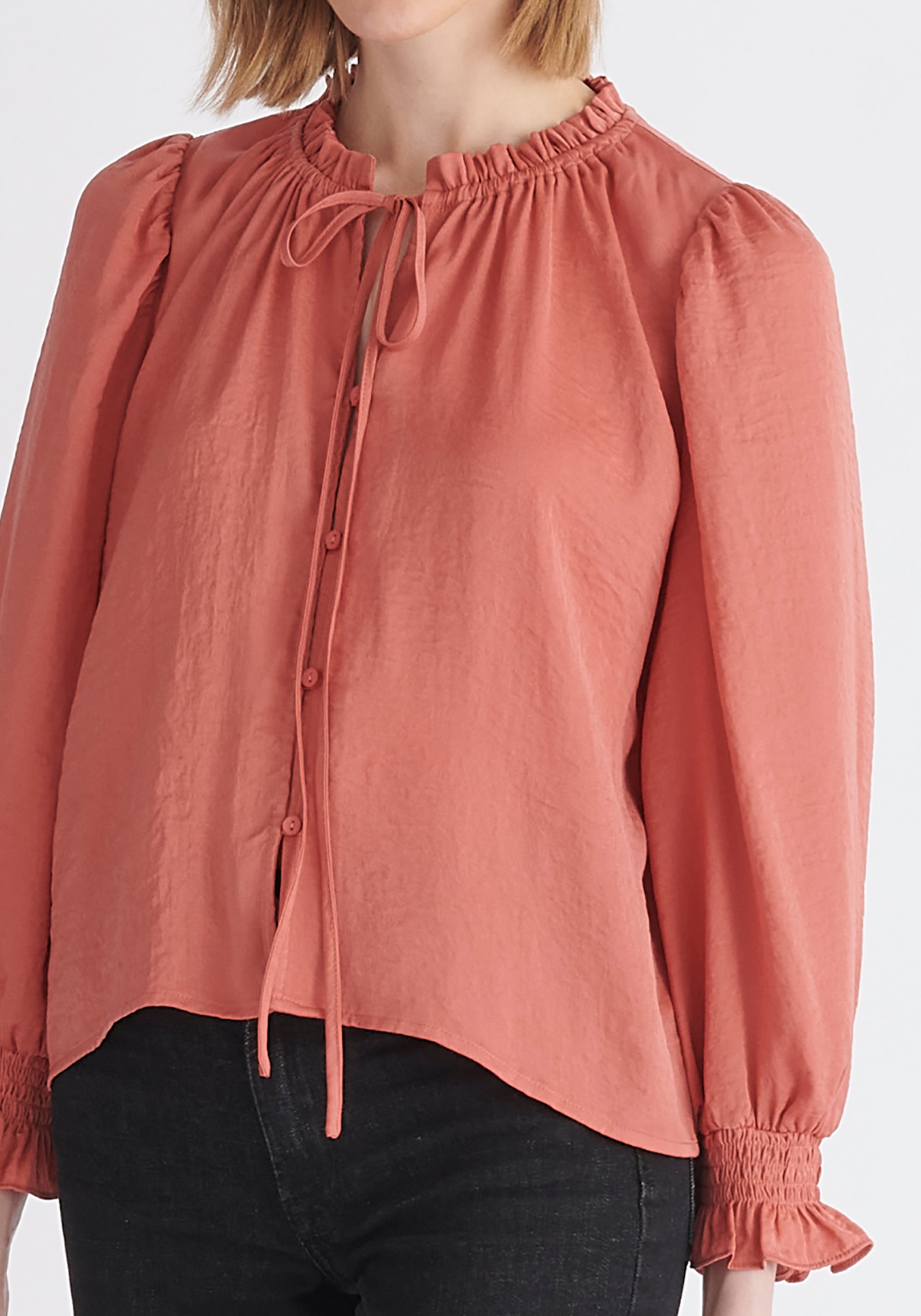 Paisie Ruched Collar Blouse in Coral Pink Close Up