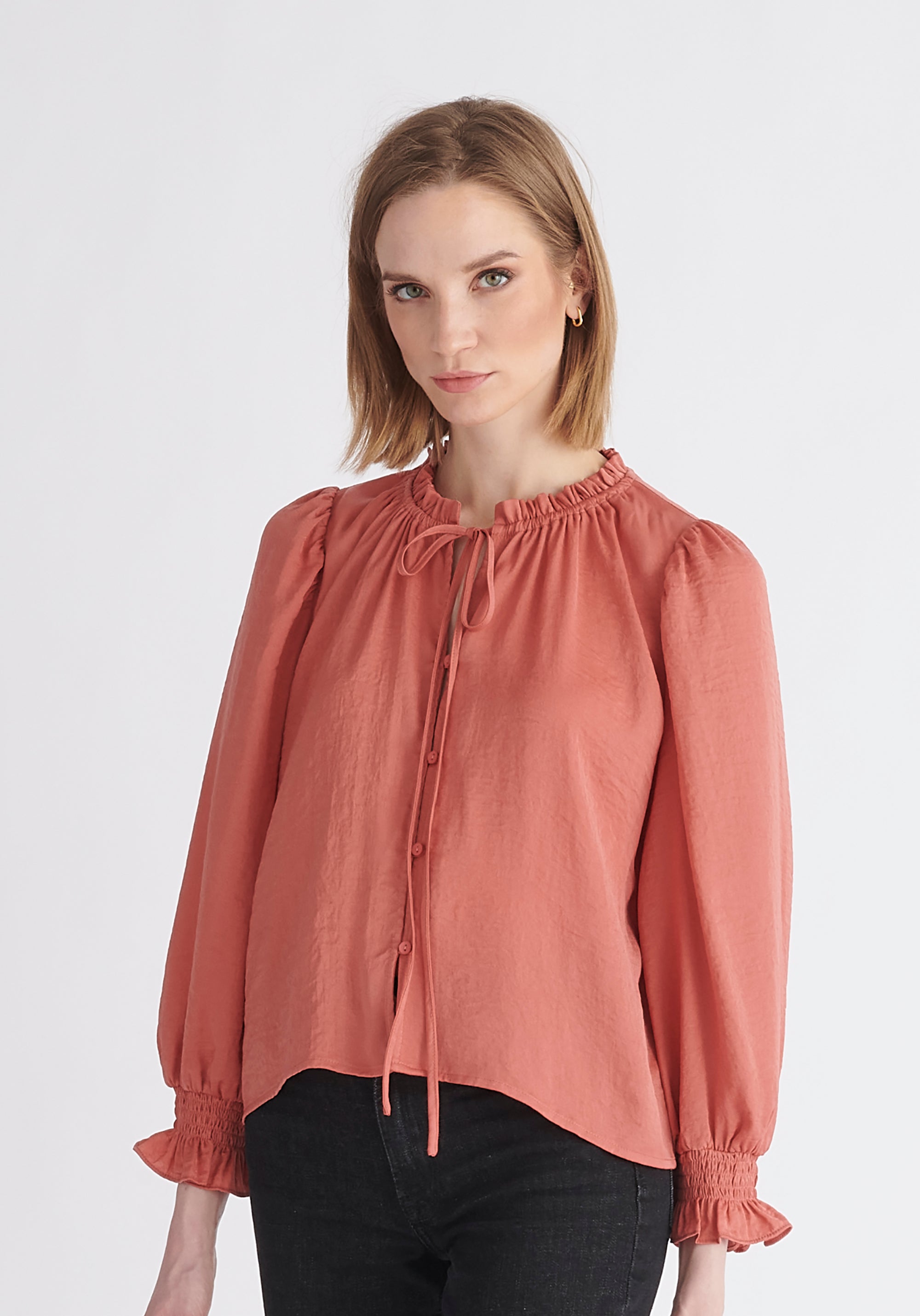 Paisie Ruched Collar Blouse in Coral Pink