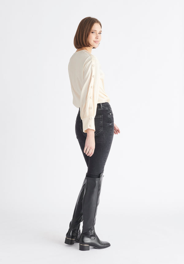 Paisie Button Sleeve Blouse in Cream Back