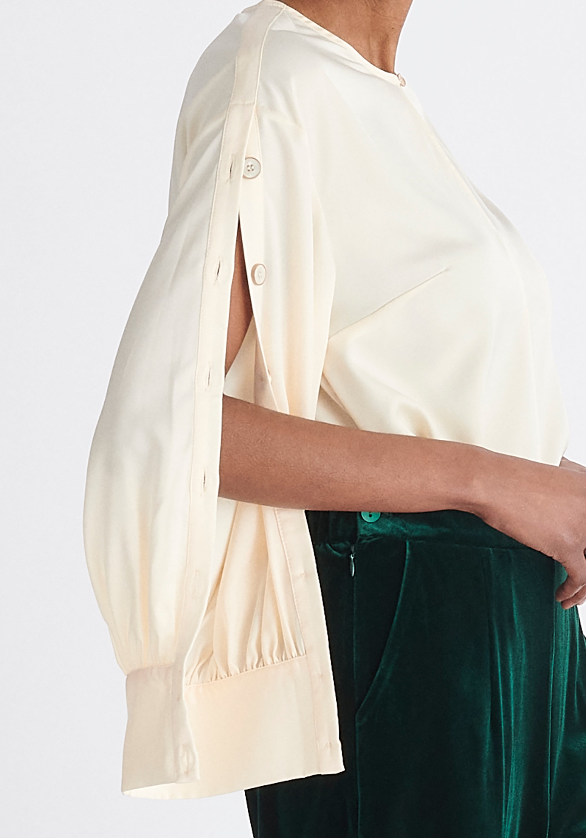 Paisie Button Sleeve Blouse in Cream Close Up