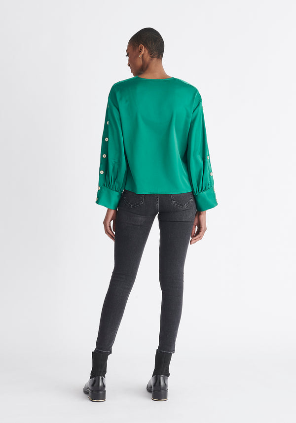 Paisie Button Sleeve Blouse in Green Back