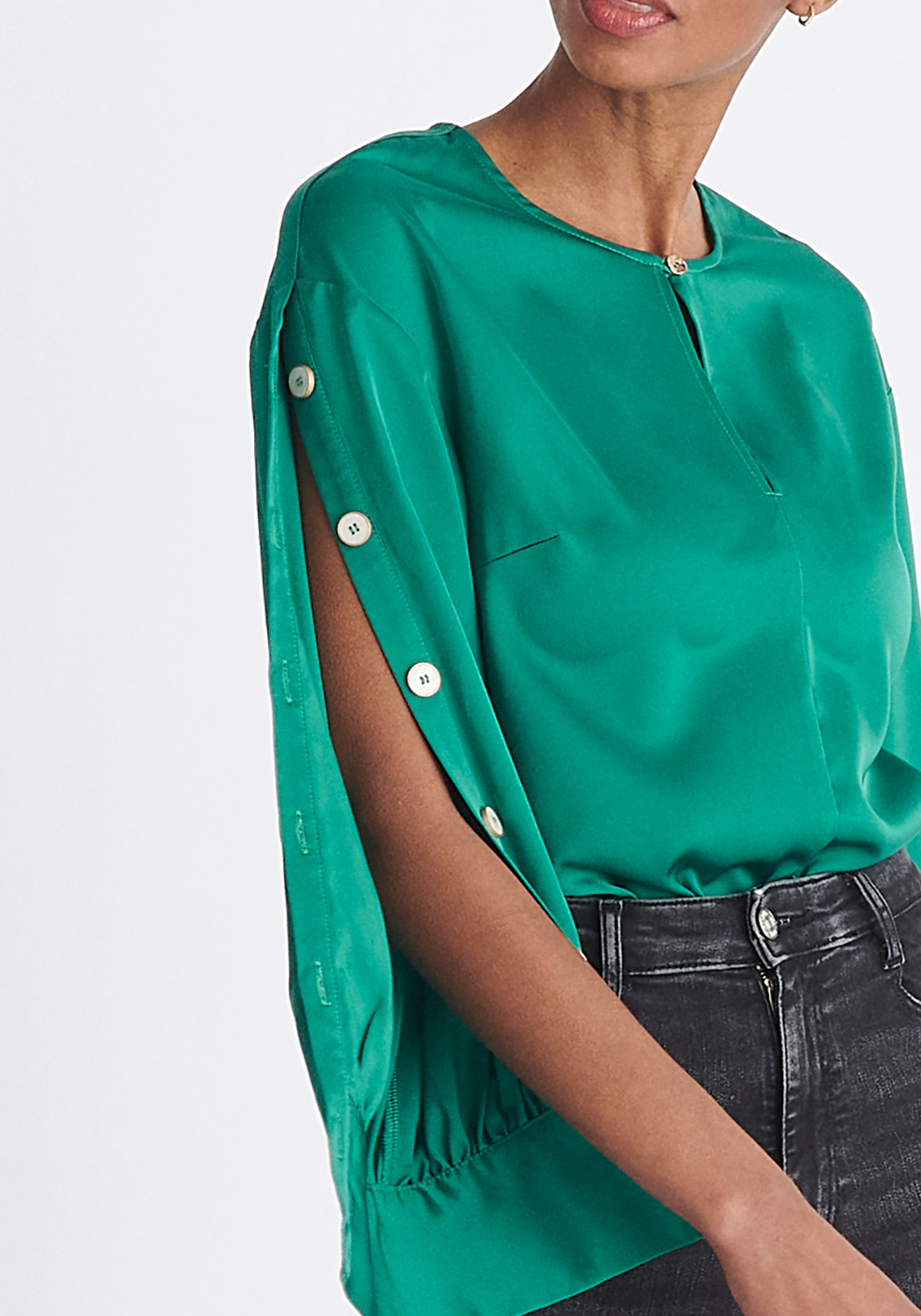 Paisie Button Sleeve Blouse in Green Close Up