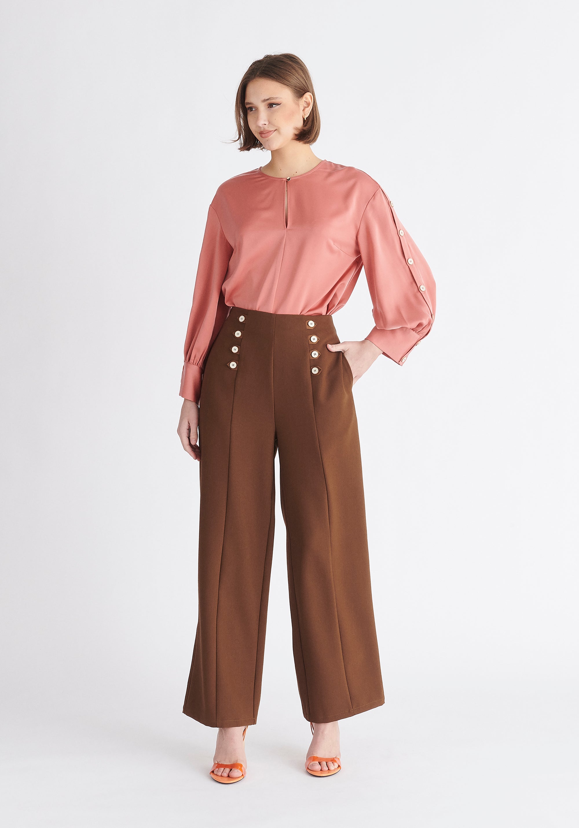 Paisie Button Sleeve Blouse in Coral Pink