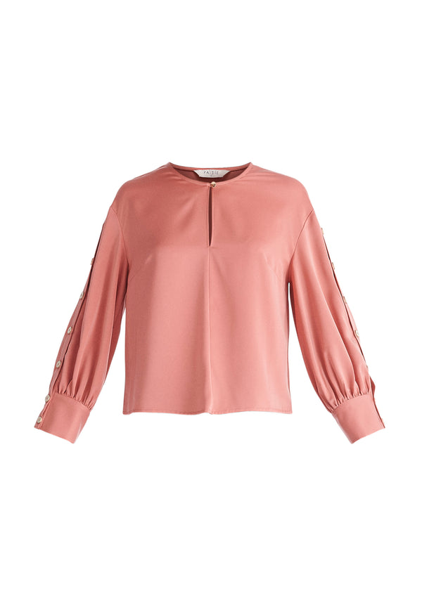 Paisie Button Sleeve Blouse in Coral Pink Cut Out
