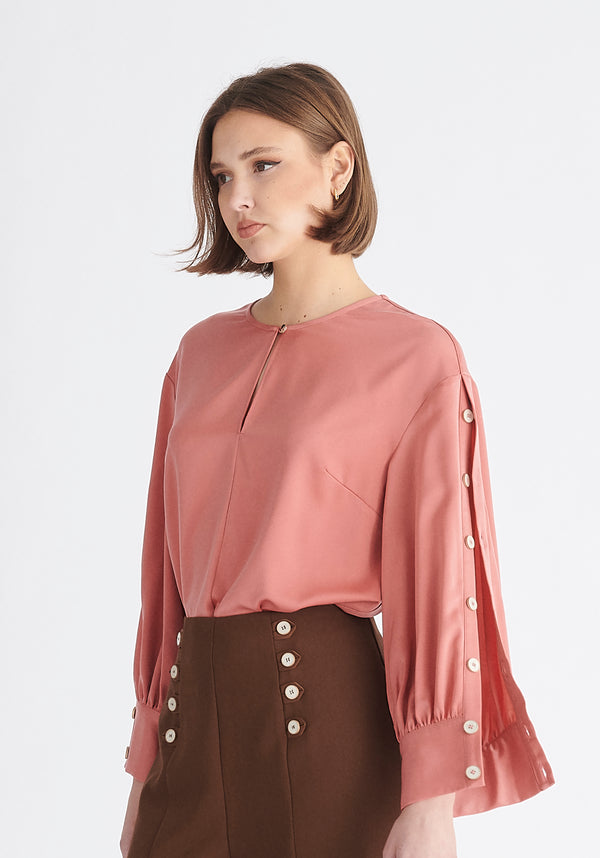 Paisie Button Sleeve Blouse in Coral Pink