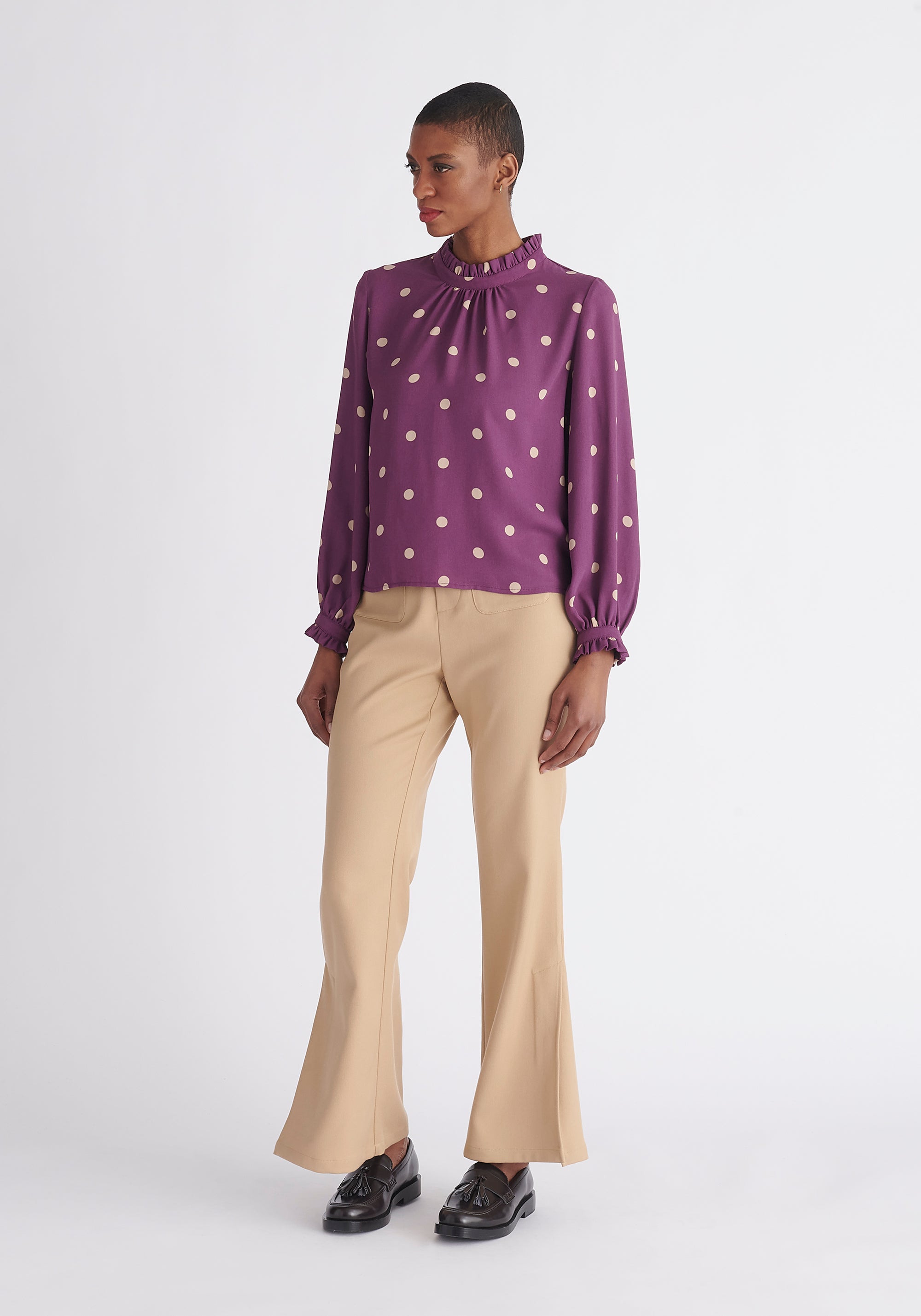 Paisie Pleated Collar Polka Dot Blouse in Purple and Cream