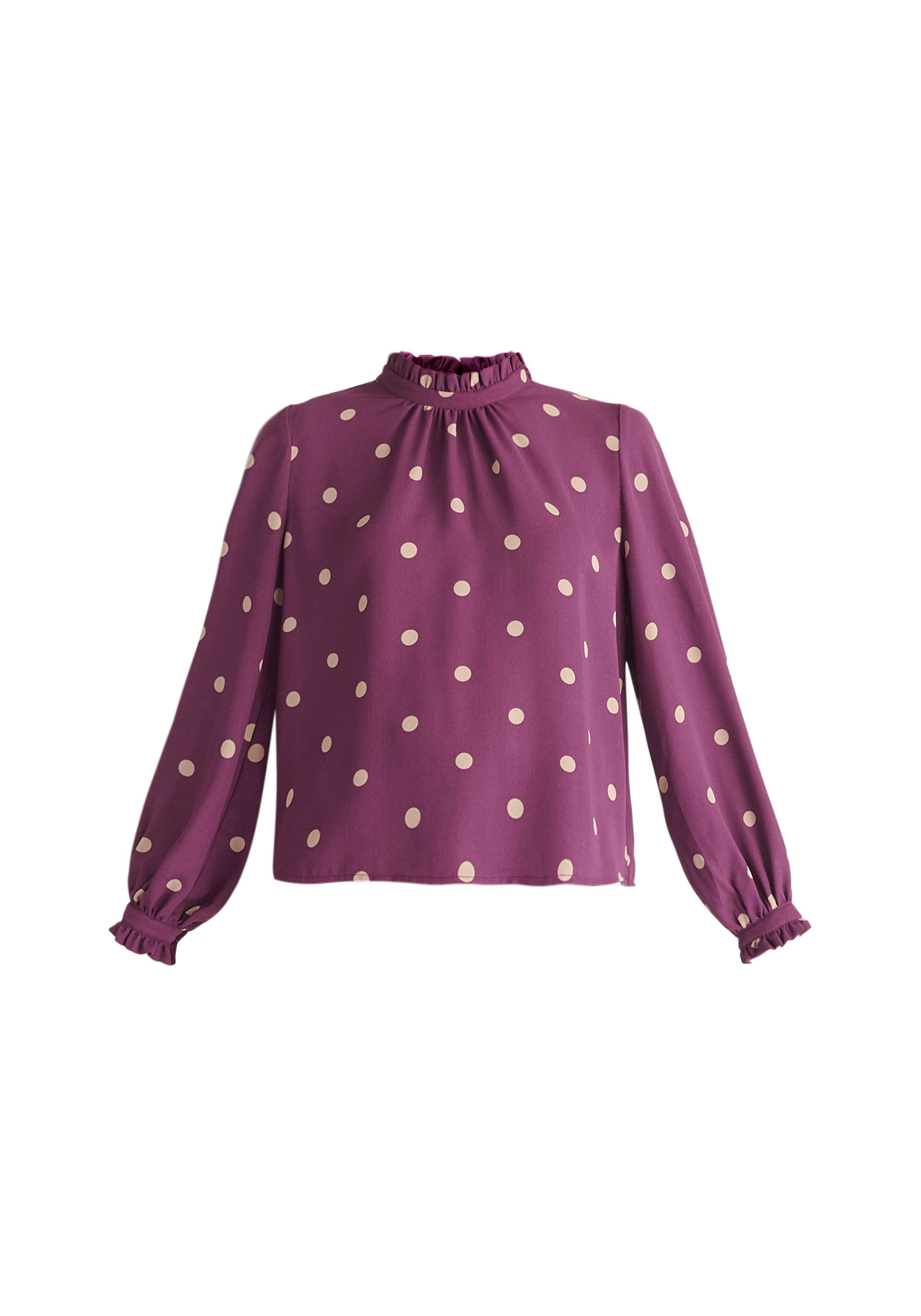 Paisie Pleated Collar Polka Dot Blouse in Purple and Cream Cut Out
