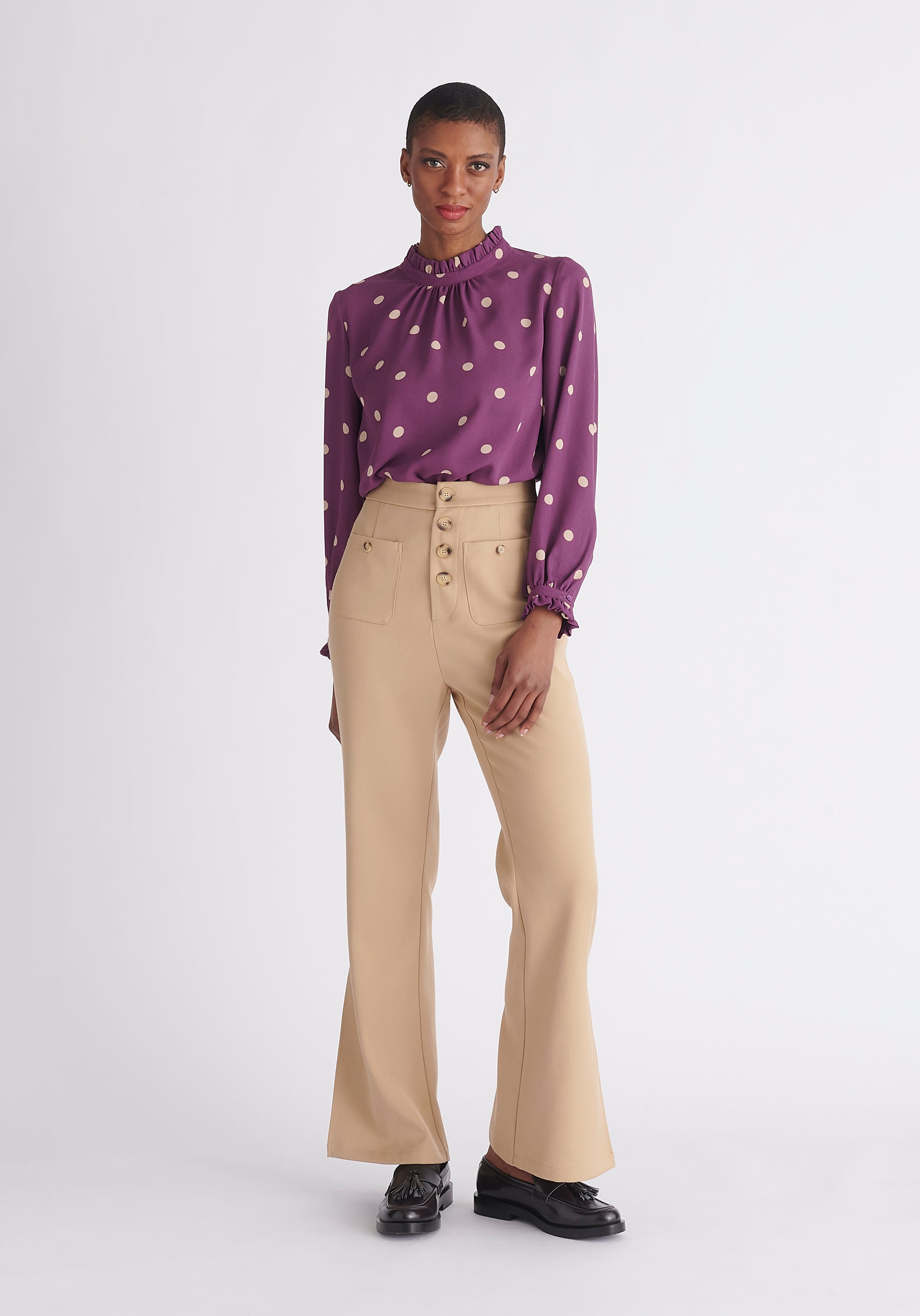 Paisie Pleated Collar Polka Dot Blouse in Purple and Cream