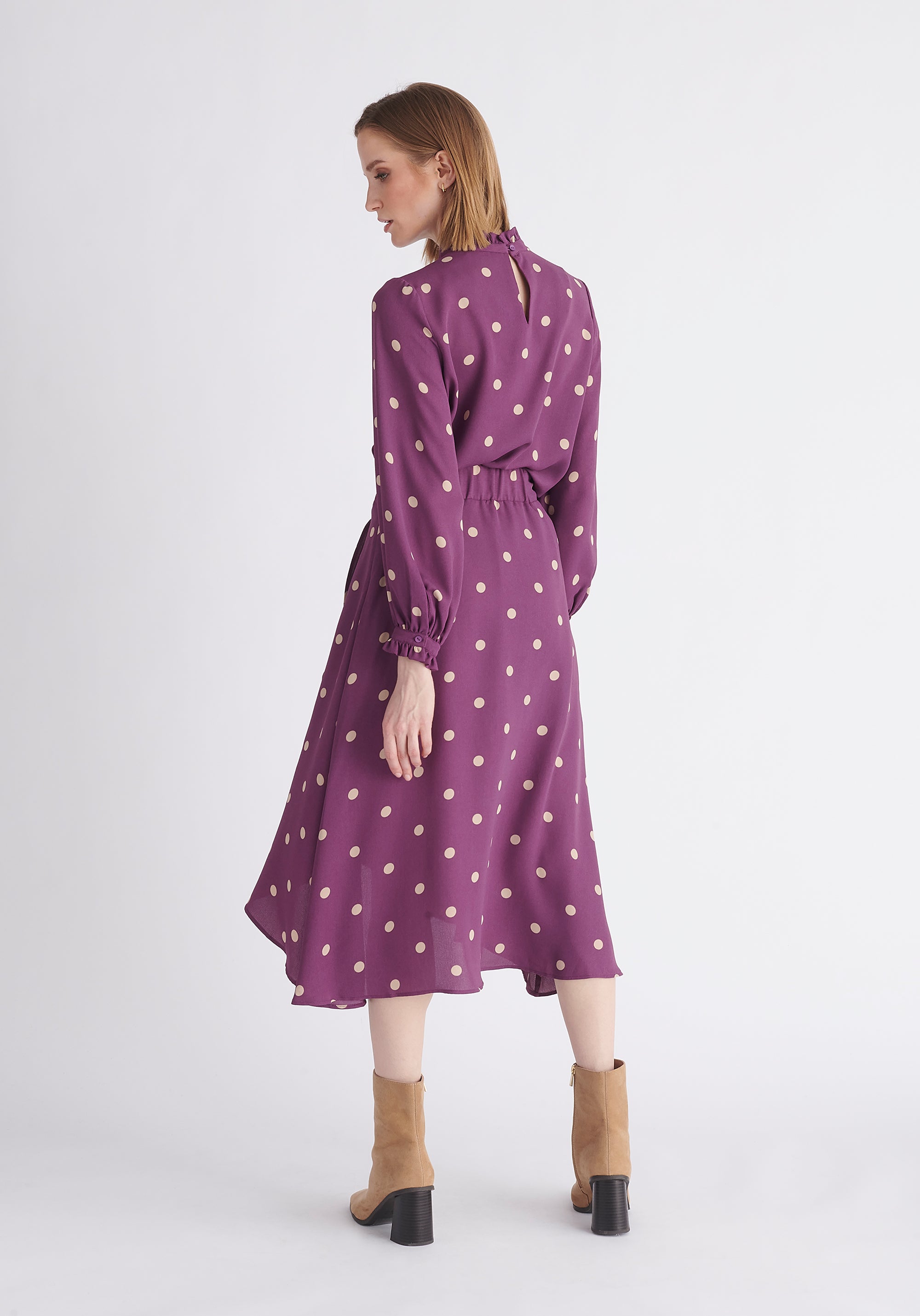 Paisie Pleated Collar Polka Dot Blouse in Purple and Cream Back