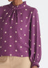 Paisie Pleated Collar Polka Dot Blouse in Purple and Cream Close Up