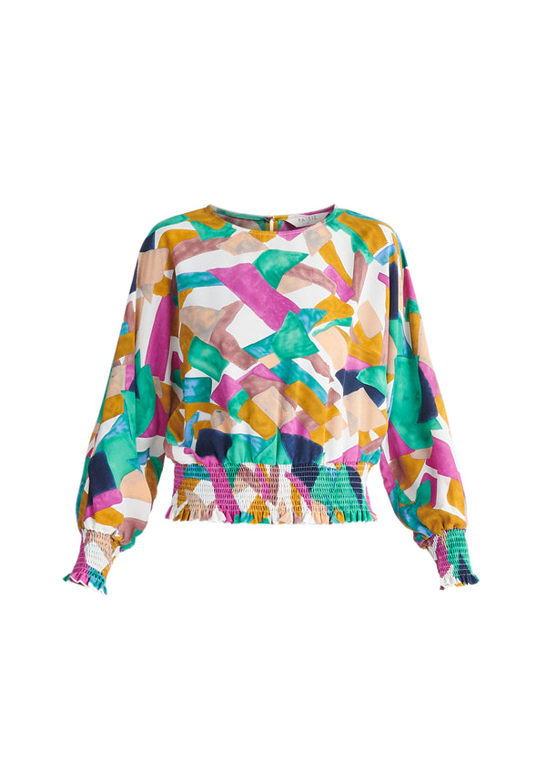 Paisie Multicolour Geometrical Print Balloon Sleeve Blouse Cut Out
