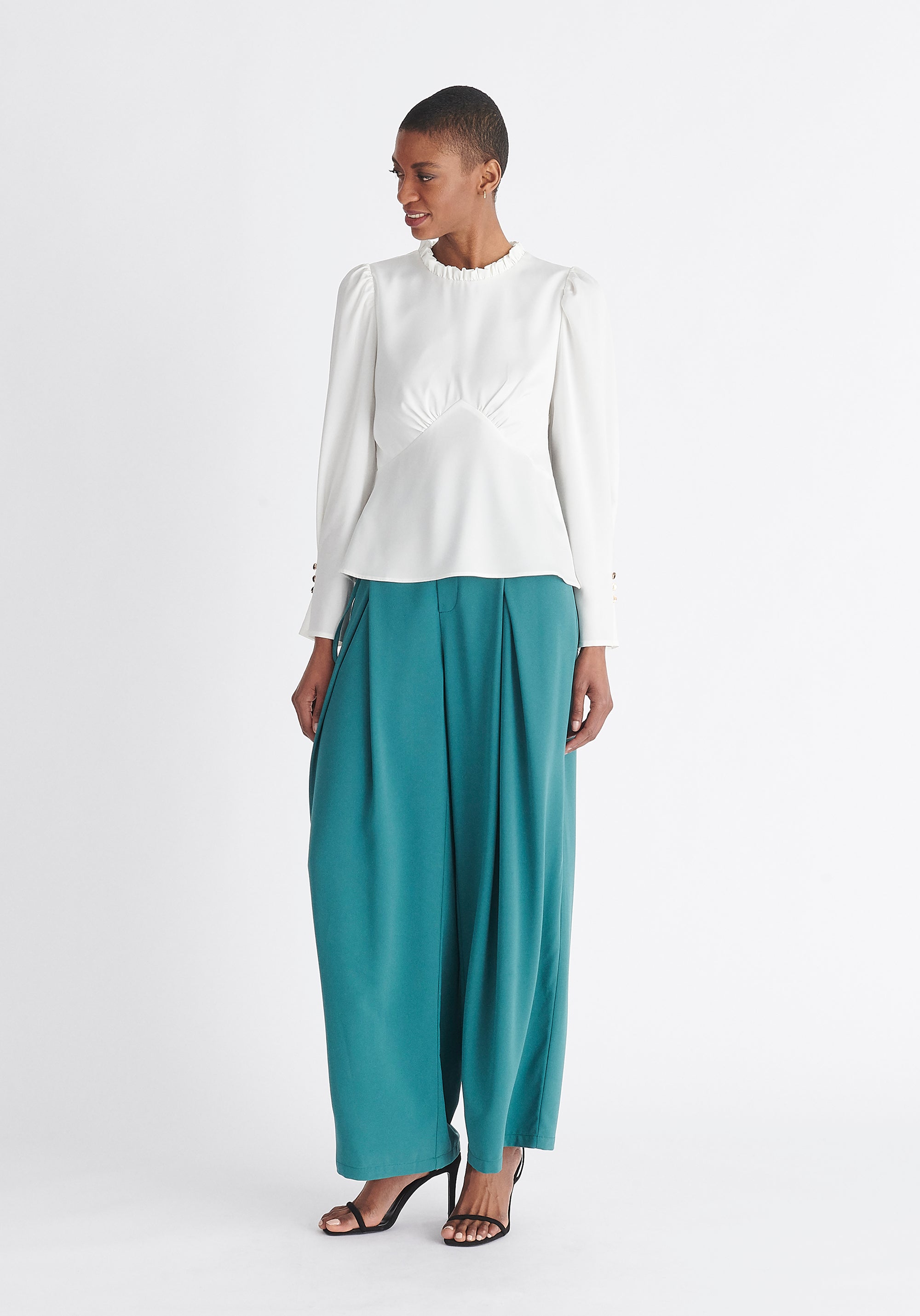 Paisie Pleated Collar Satin Blouse in White