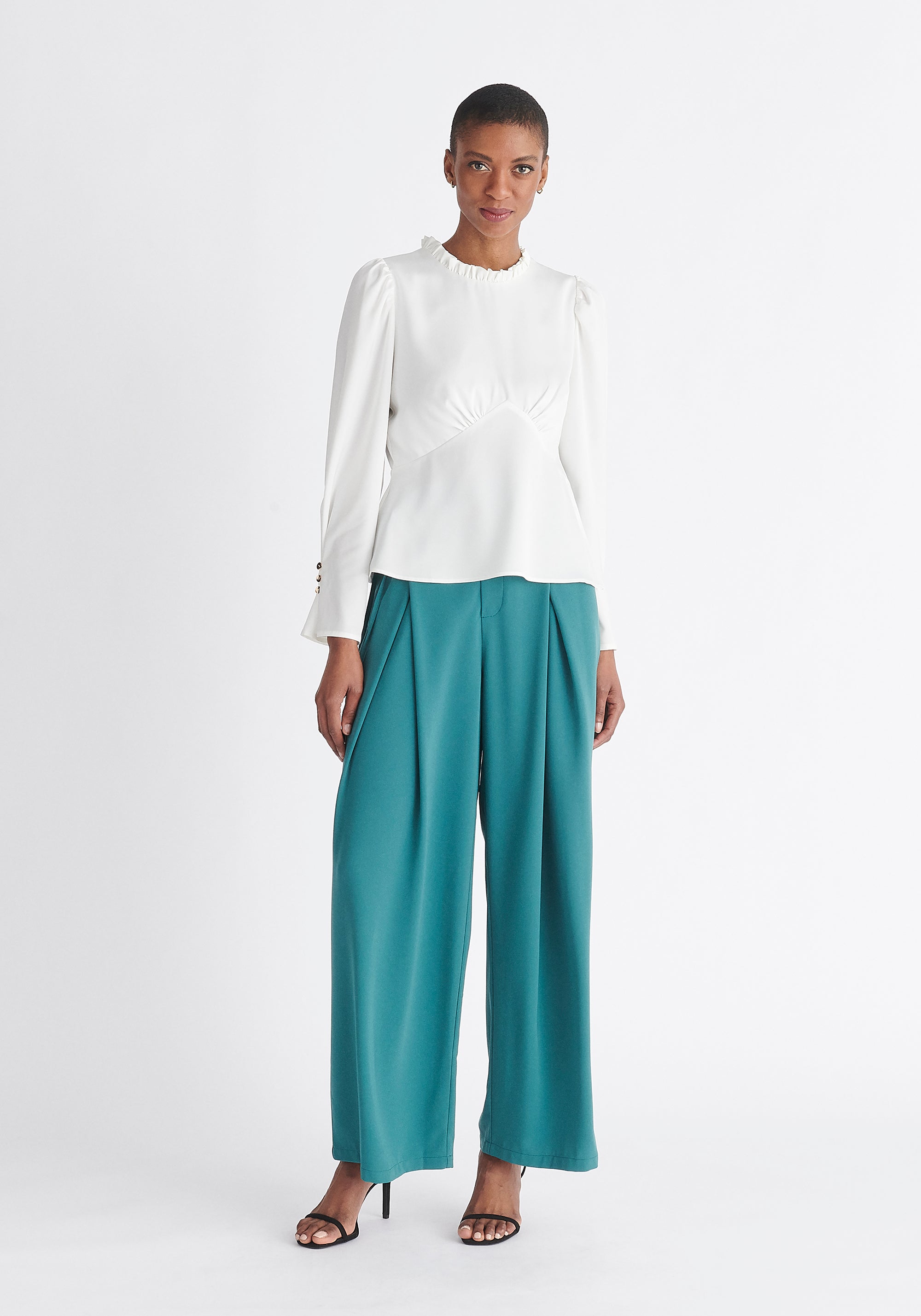 Paisie Pleated Collar Satin Blouse in White