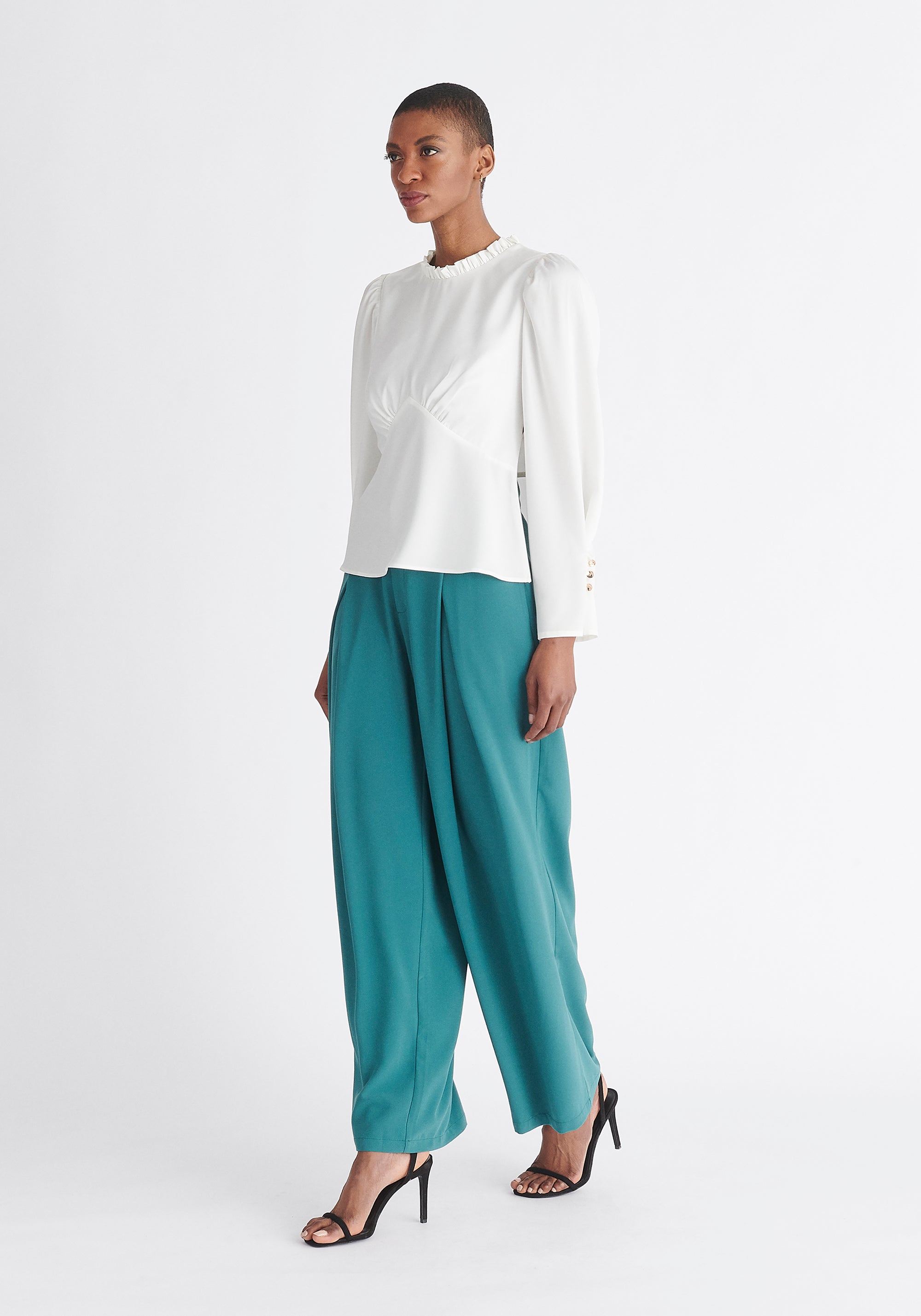 Paisie Pleated Collar Satin Blouse in White Side