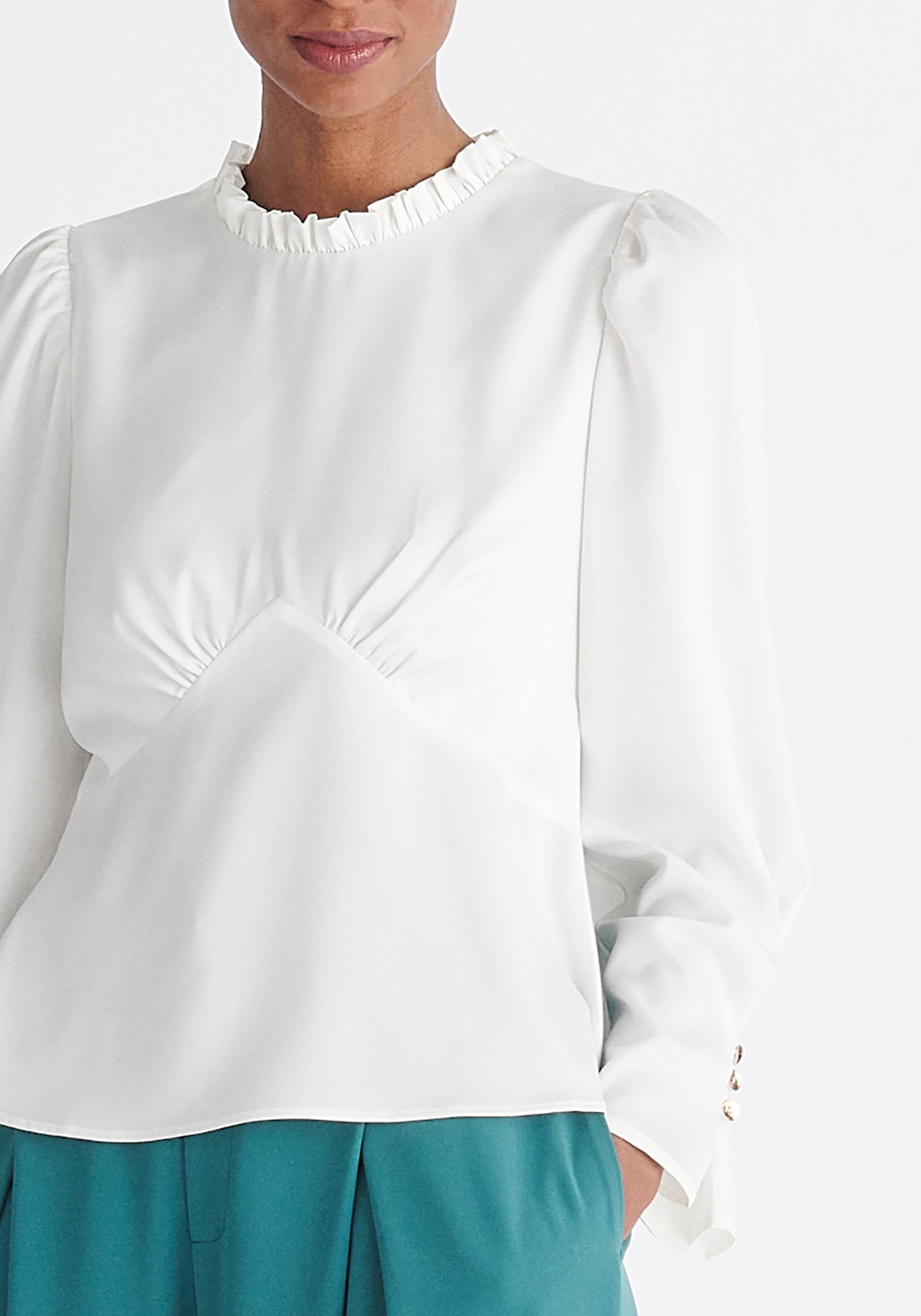 Paisie Pleated Collar Satin Blouse in White Close Up