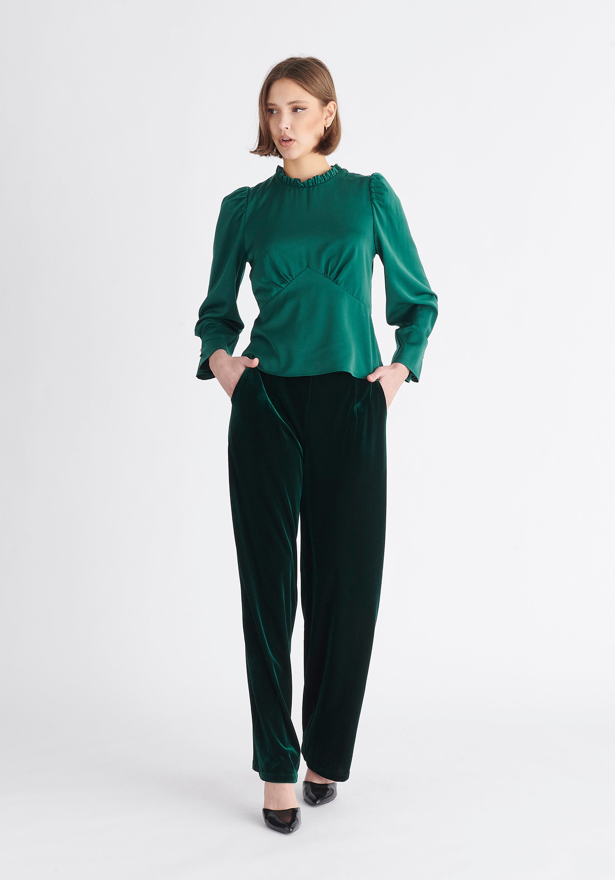Paisie Pleated Collar Satin Blouse in Green