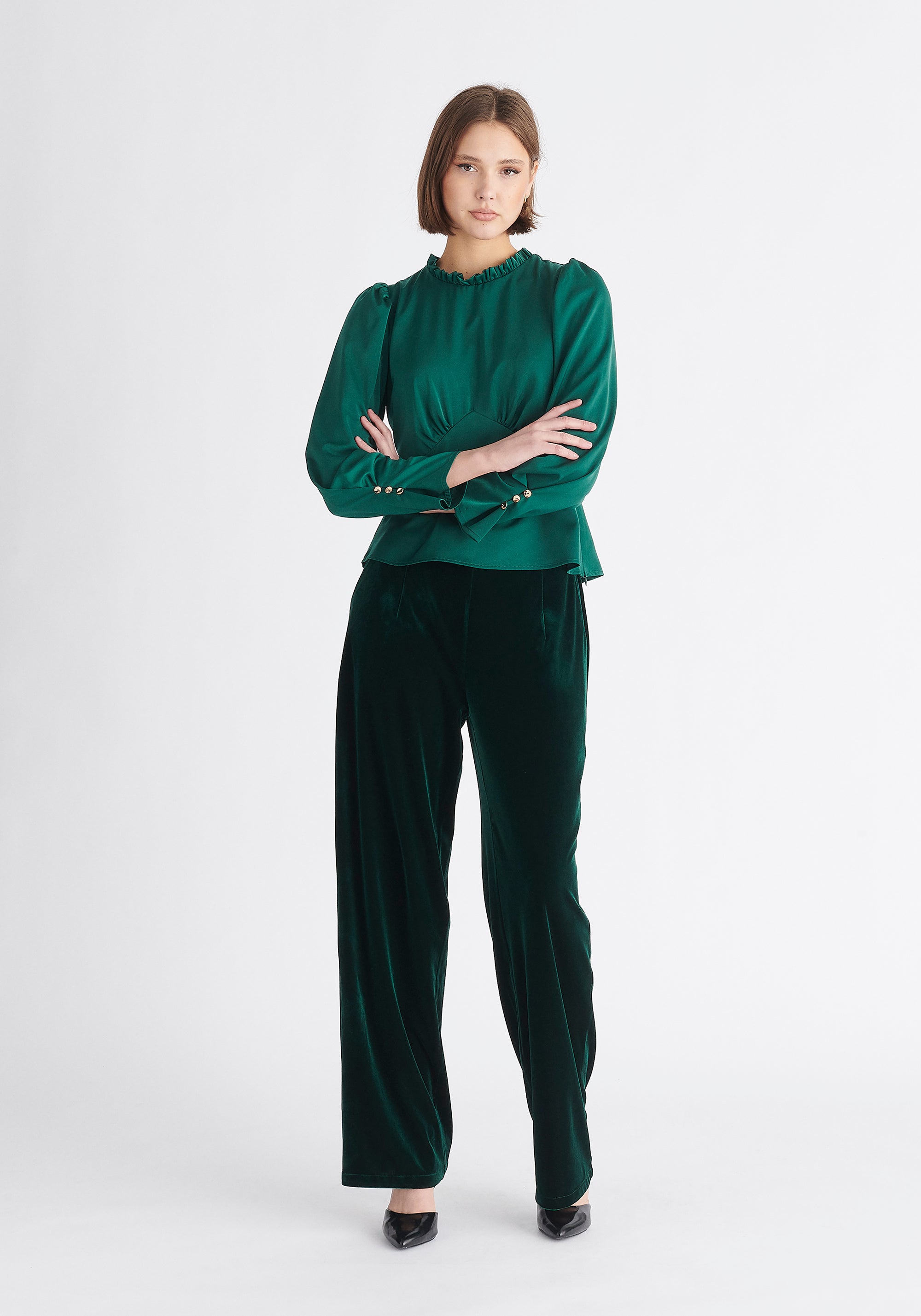 Paisie Pleated Collar Satin Blouse in Green