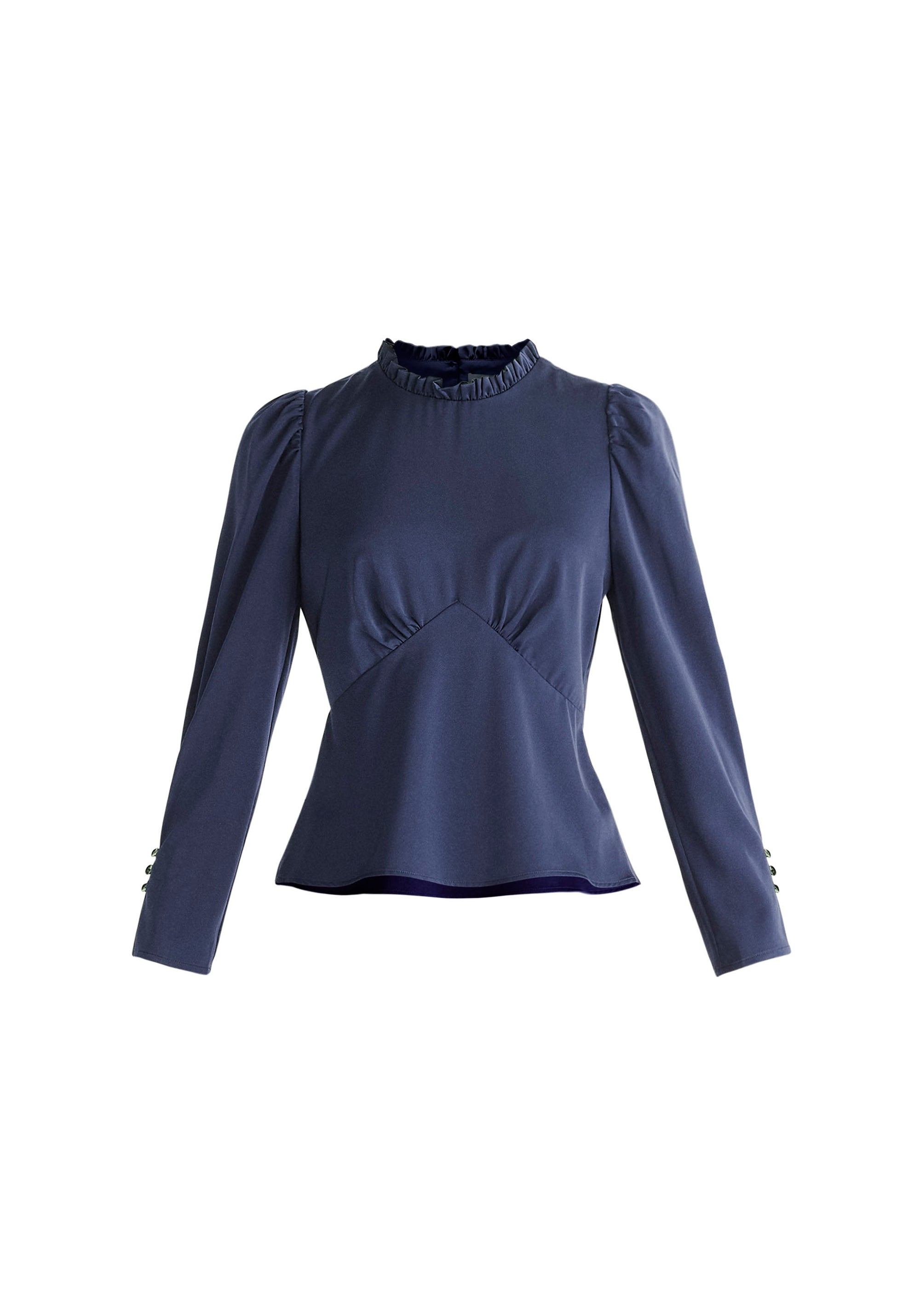 Paisie Pleated Collar Satin Blouse in Navy Cut Out