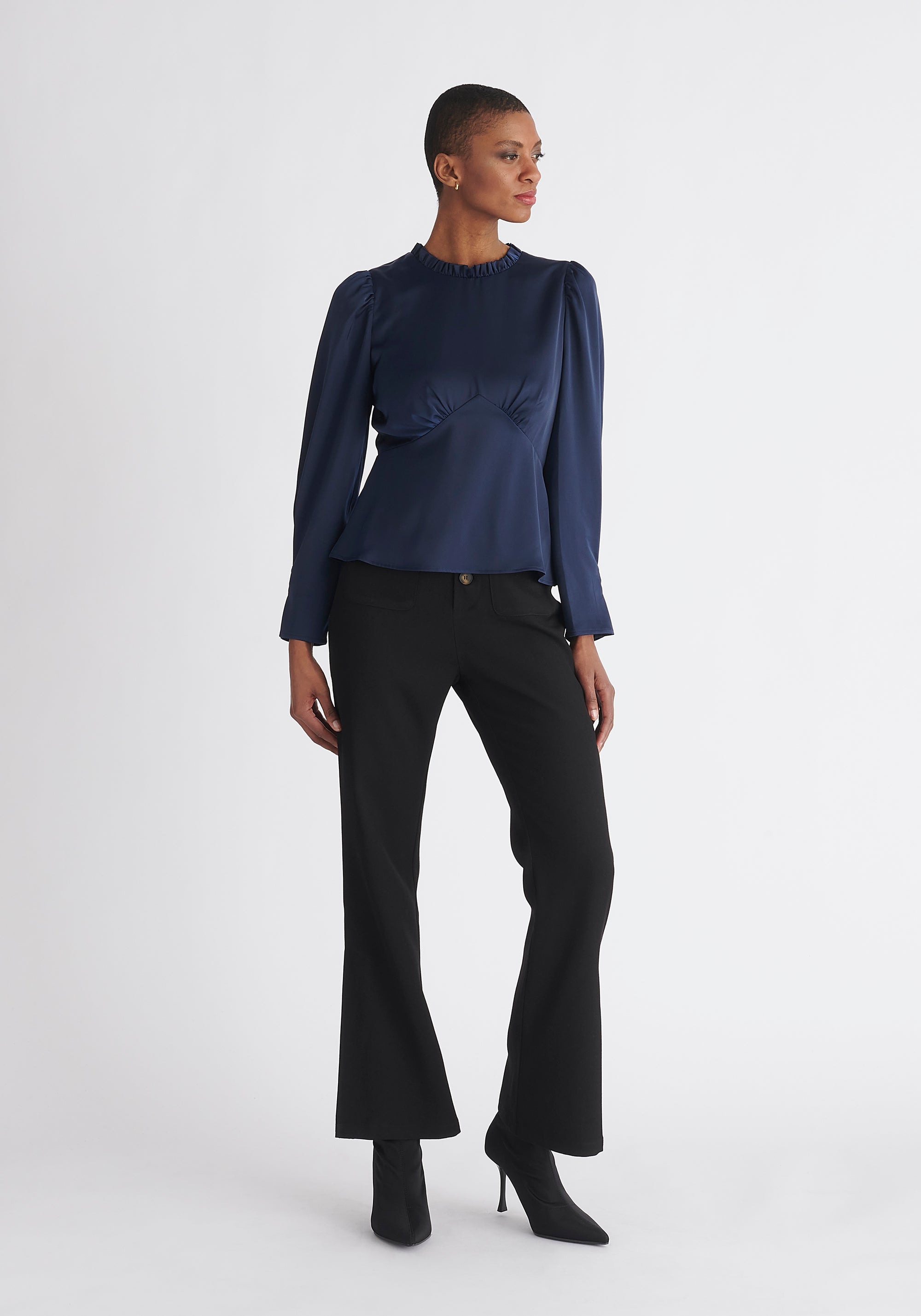 Paisie Pleated Collar Satin Blouse in Navy