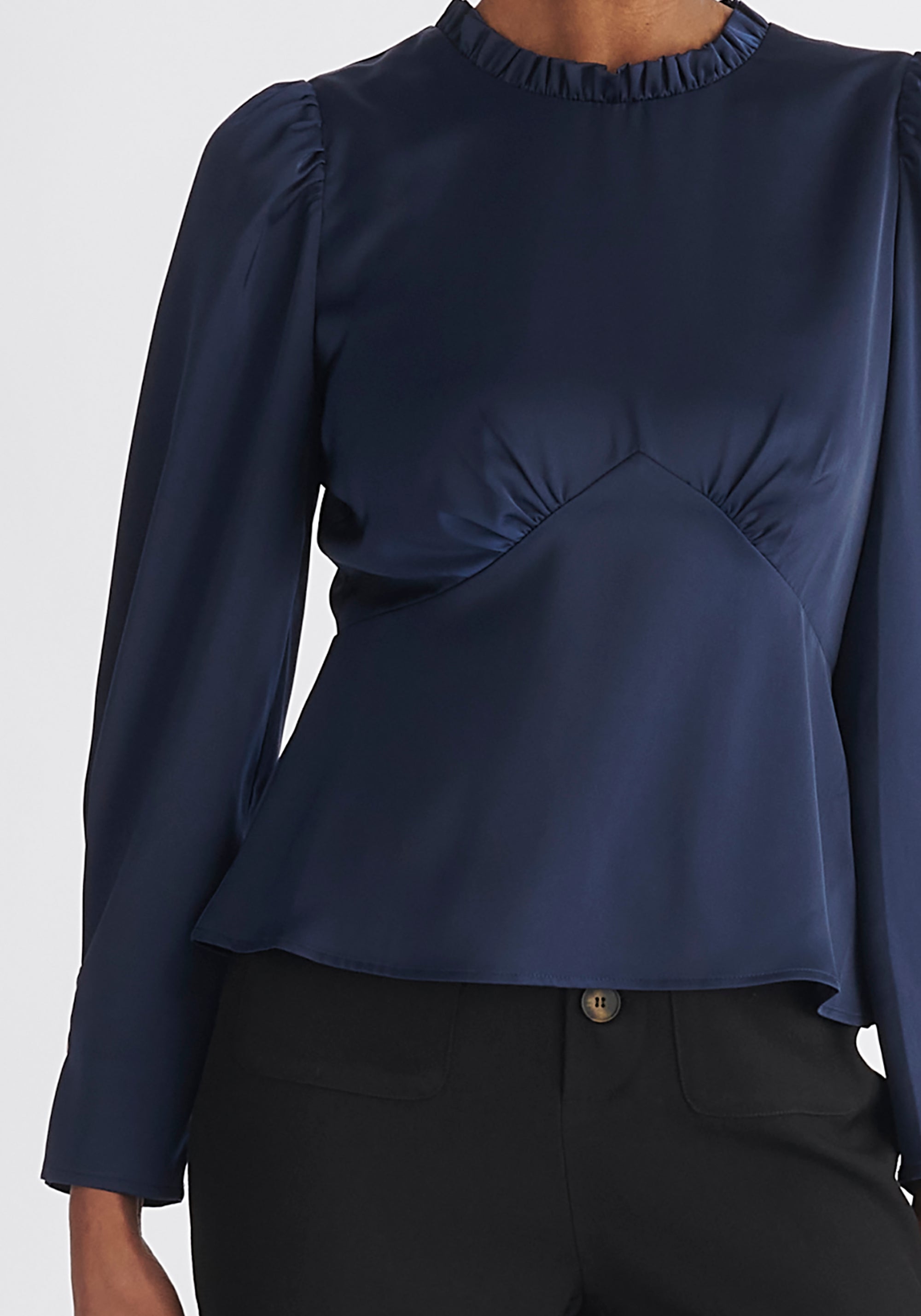 Paisie Pleated Collar Satin Blouse in Navy Close Up