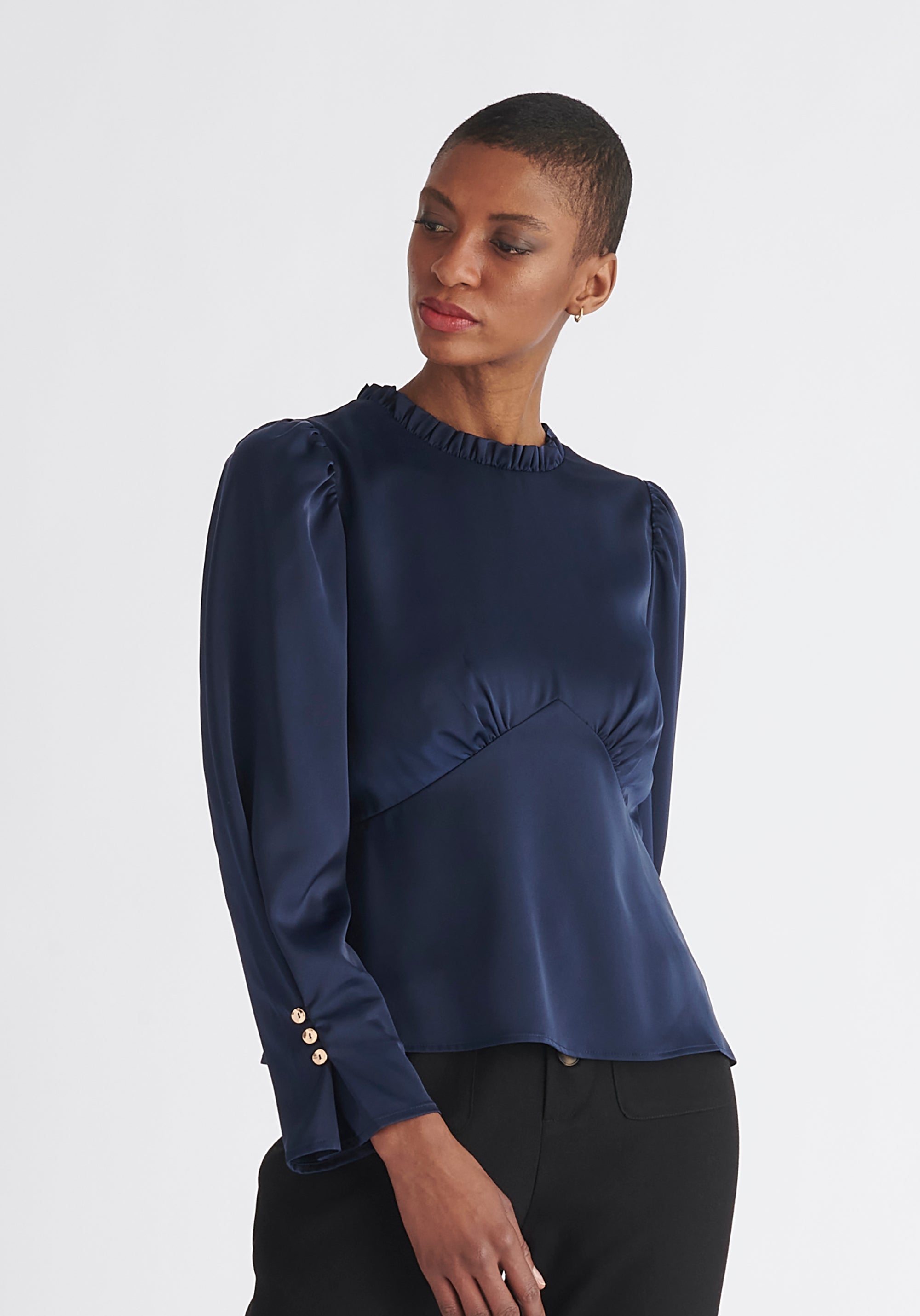 Paisie Pleated Collar Satin Blouse in Navy