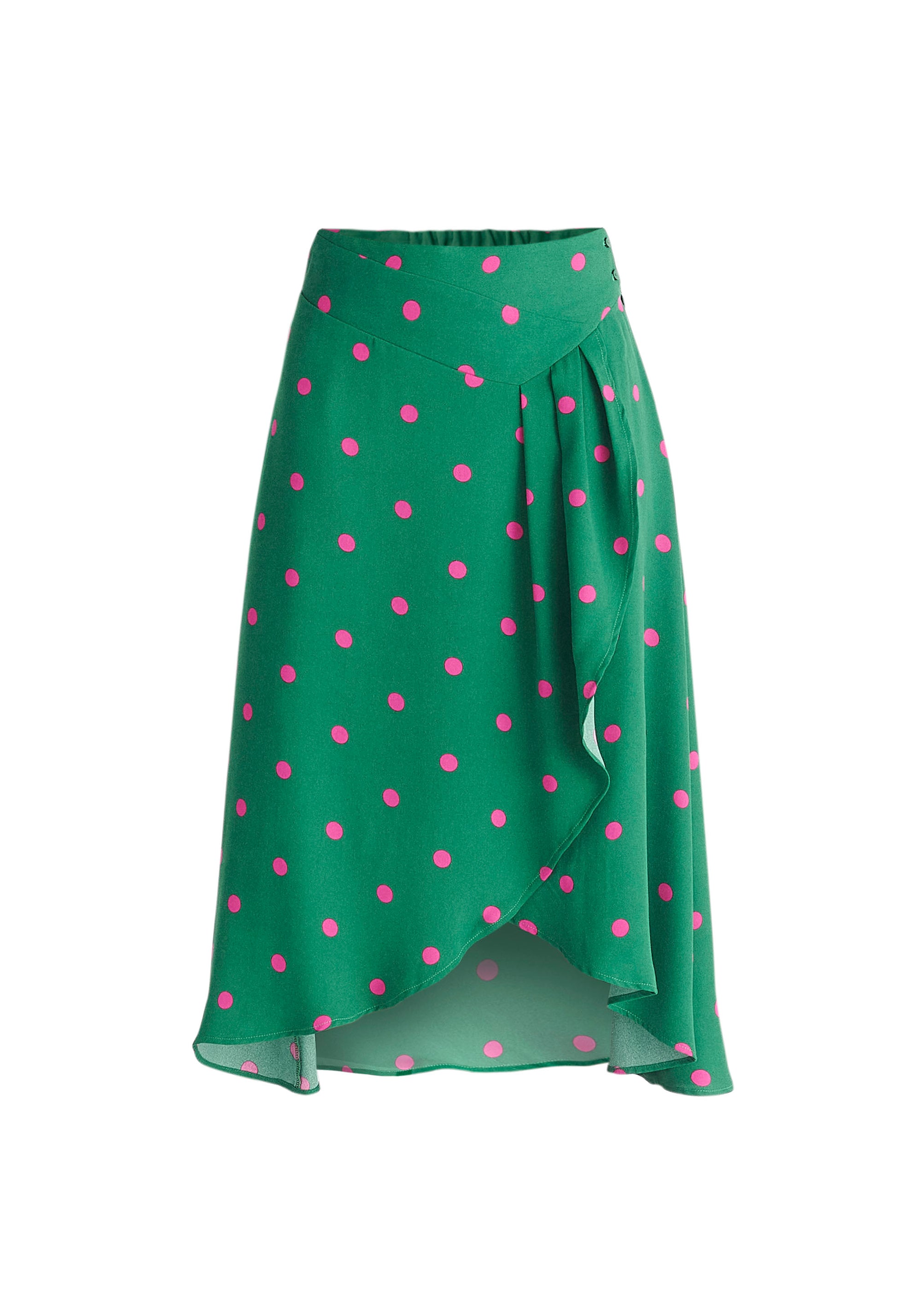 Paisie Asymmetric Polka Dot Skirt in Green and Pink Cut Out