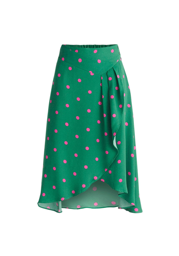 Paisie Asymmetric Polka Dot Skirt in Green and Pink Cut Out
